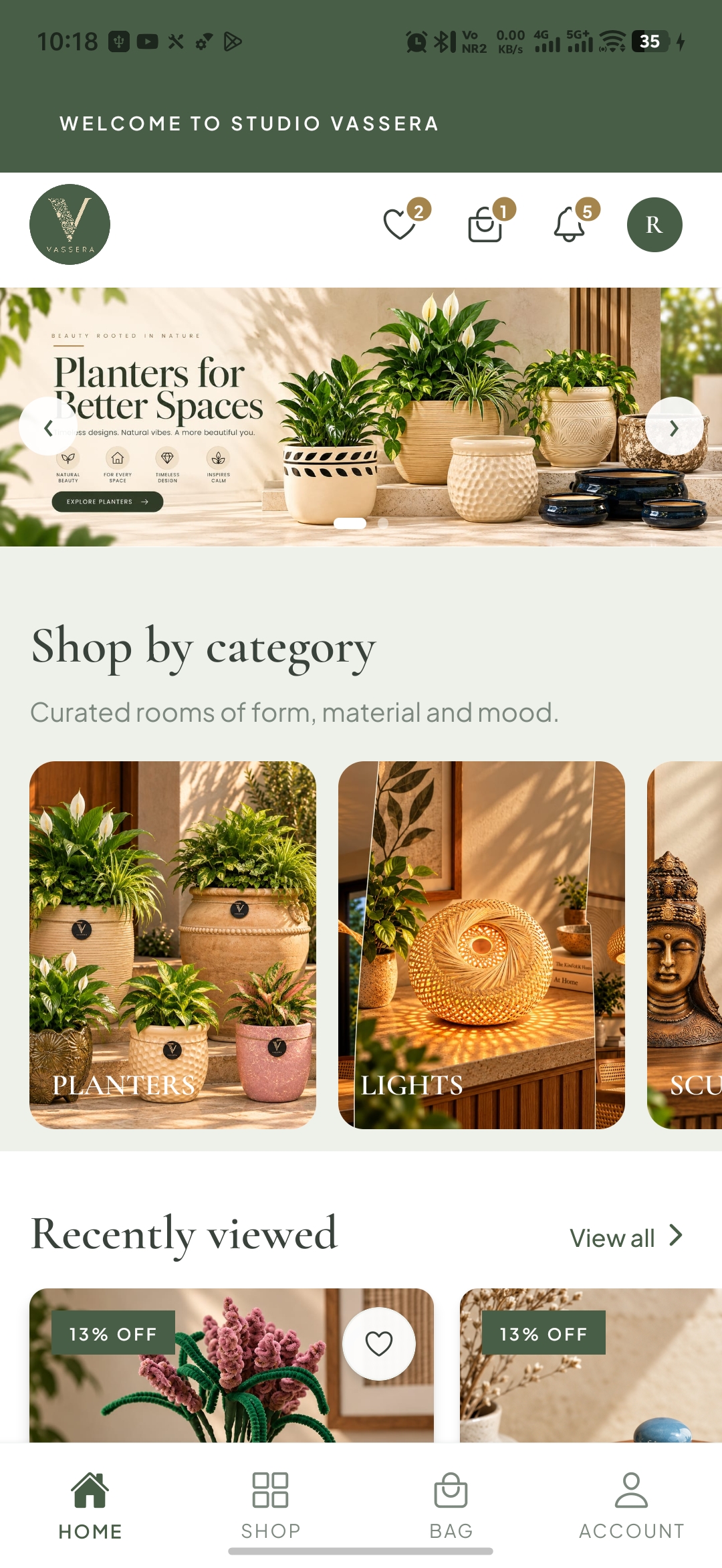 Vassera app home screen during development