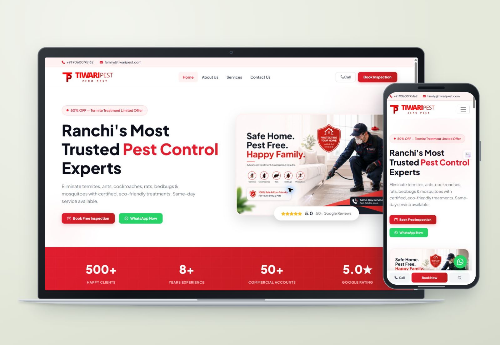 Tiwari Pest website shown on a laptop and phone